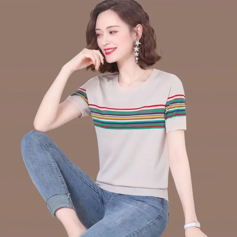 Korean Fashion Women Rainbow Striped Knitted T-shirt Summer New Female Clothing Loose Casual Basic Pullover Short Sleeve Tops