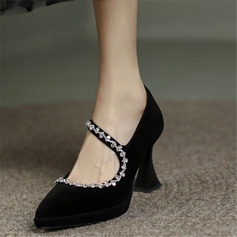 NEW Of Women Suede Pumps Shiny Crystal Rhinestone Super High Heel Pointy Toe Party Wedding Shoes Female Fashion Comfort Casual
