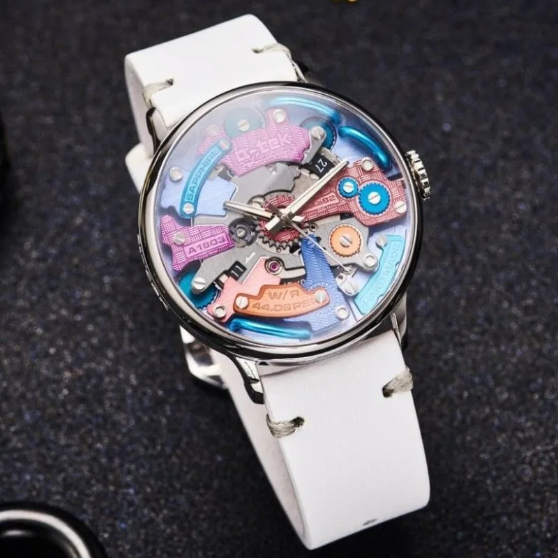 A-TEK Fashion Colorful Hollow Watch A1803WX Leather Mechanical Watches Neutral Sapphire Mirror