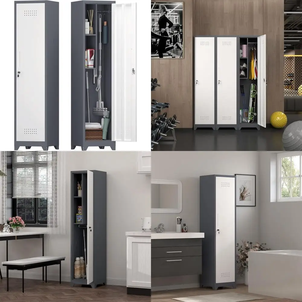 

Серый тонкий металлический шкаф для хранения с вешалкой и дверцей с замком для ванной, офиса, спортзала или гаража