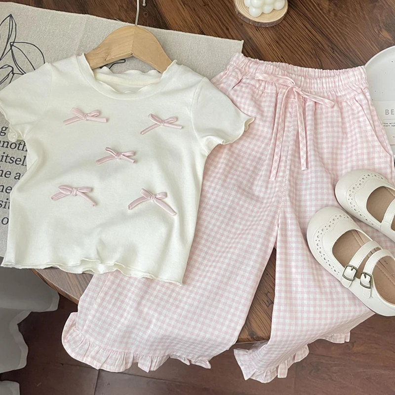 Girls Summer Clothes New Fashion Korean Style Baby Girls Short Sleeve T-Shirt Tops Comfortable Plaid Lace Wide Leg Pants image 4