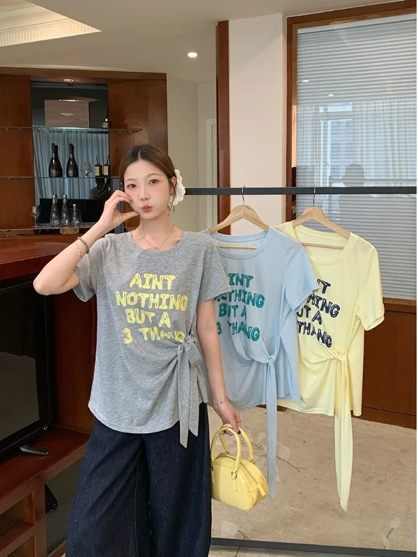 

plus Size Casual Printed Short Sleeve round Neck T-Shirt Women Summer New Korean Version Letter Loose Slimming Belted Top