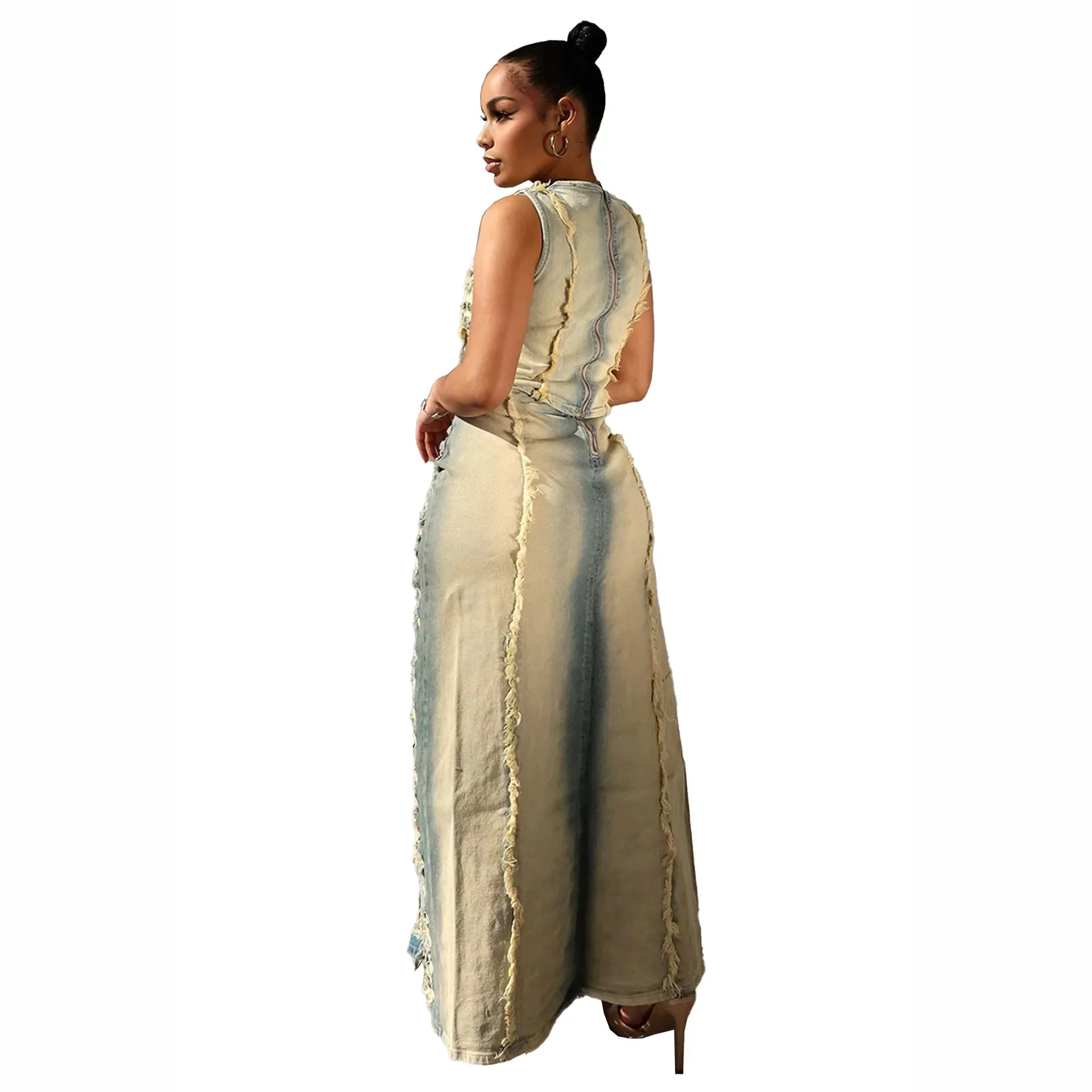 Conjunto de falda vaquera de moda para mujer, chaleco Sexy ahuecado, camiseta sin mangas y abertura larga