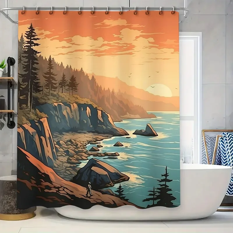 

Занавеска для душа в стиле природы, деревенская прибрежная сцена заката, винтажный принт, декор для ванны, синий океан, горные деревья, художественный домашний аксес