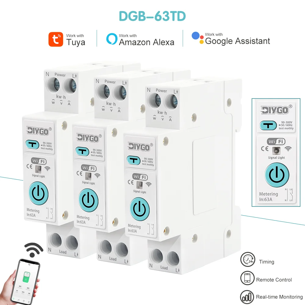 Din Rail Tuya WiFi Smart Timer Switch 1P+N 63A Metering Circuit Breaker w/ Leakage Protection Remote Voice Control Alexa Google