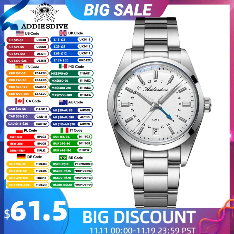 

ADDIESDIVE GMT New Watch Quartz Wristwatch Swiss Movement 100m Waterproof Domed Glass Date Luminous Stainless Steel 36mm Watch