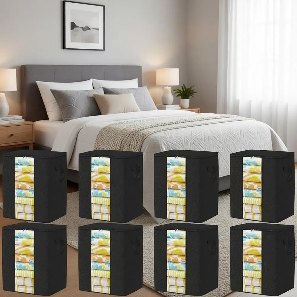 

10-Pack Large 80L Blanket Storage Bags with Window for Clothing, Quilts, Sheets, Pillows, and Closet Organization (Black)