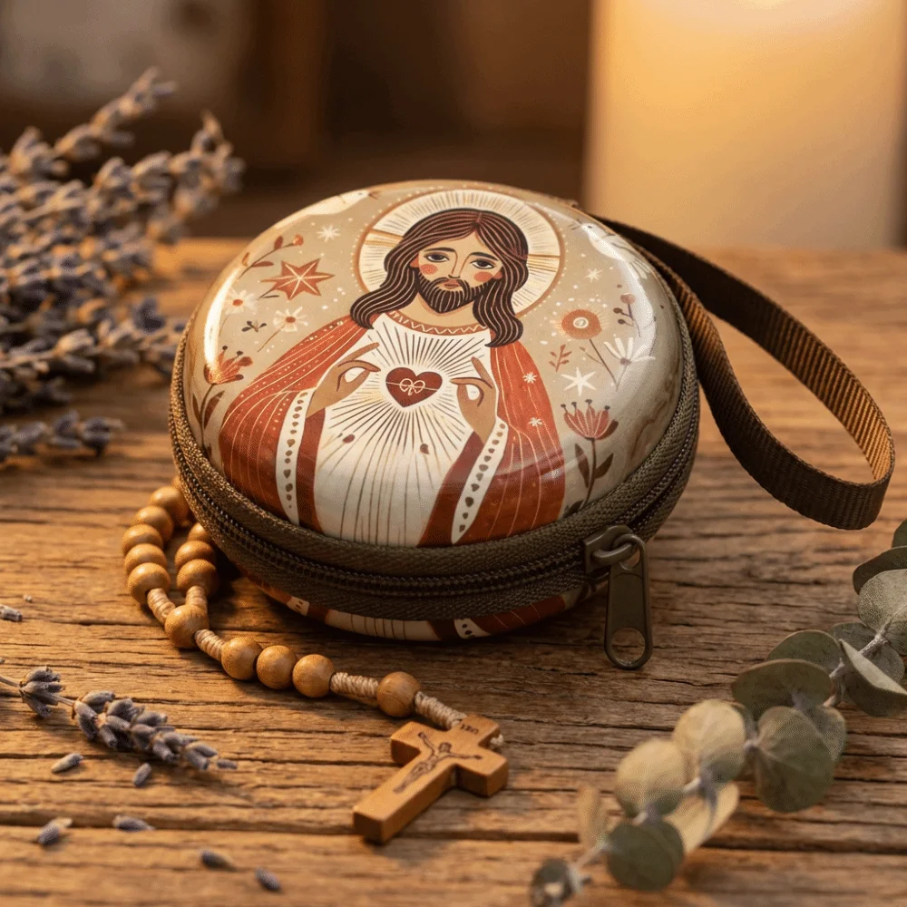 Folk Style Virgin Mary Prayer Rosary Storage Bag round Zippered Religious Articles Cartoon Elegant Christian Gift Catholic Use