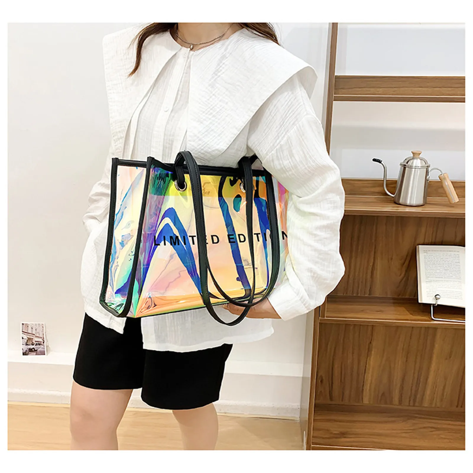 Laser Transparent Shopping Bag Casual Large Capacity Pvc Fruit Shoulder Bag Women\'S Printed Letter Tote Bag Waterproof Handbag