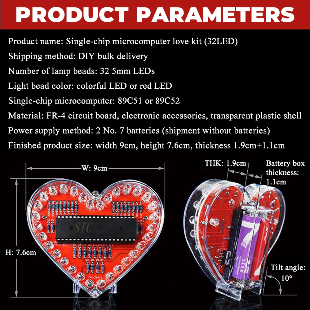 LED Heart-Shaped Flow Light DIY Electronic Kit with 32 Colorful LED Lights Battery Powered DIY Soldering Practice Kit