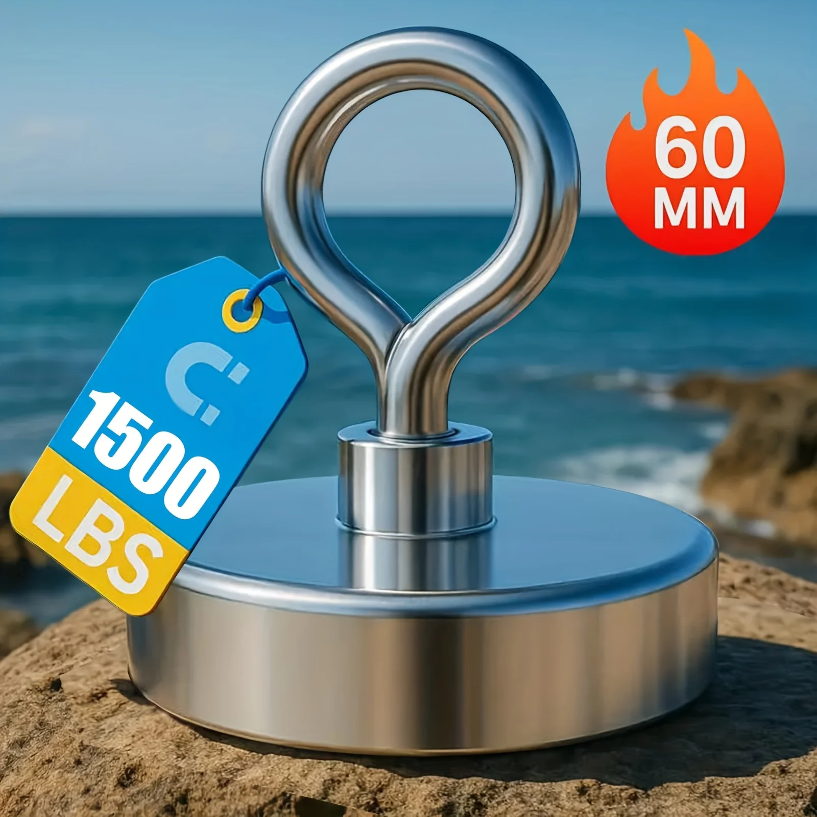 1500LBS Neodymium Fishing Magnets, Rare Earth Magnet with Countersunk Hole Eyebolt Diameter 2.36 Inch(60mm) Magnets Heavy Duty for Retrieving Items in Lake, Beach, Lawn