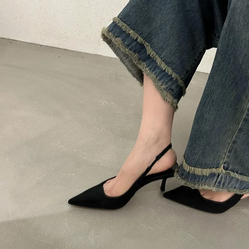 

Women's 2026 New High-Heeled Velvet Pointed-Toe Thin Heel Ankle Strap Sandals