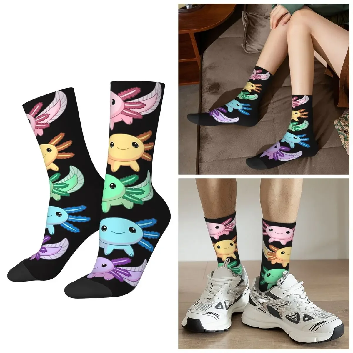 

All Seasons Rainbow Axolotl Socks Harajuku Sport Middle Tube Socks Sweat Absorbing Stockings for Men Women Valentine's Day Gifts
