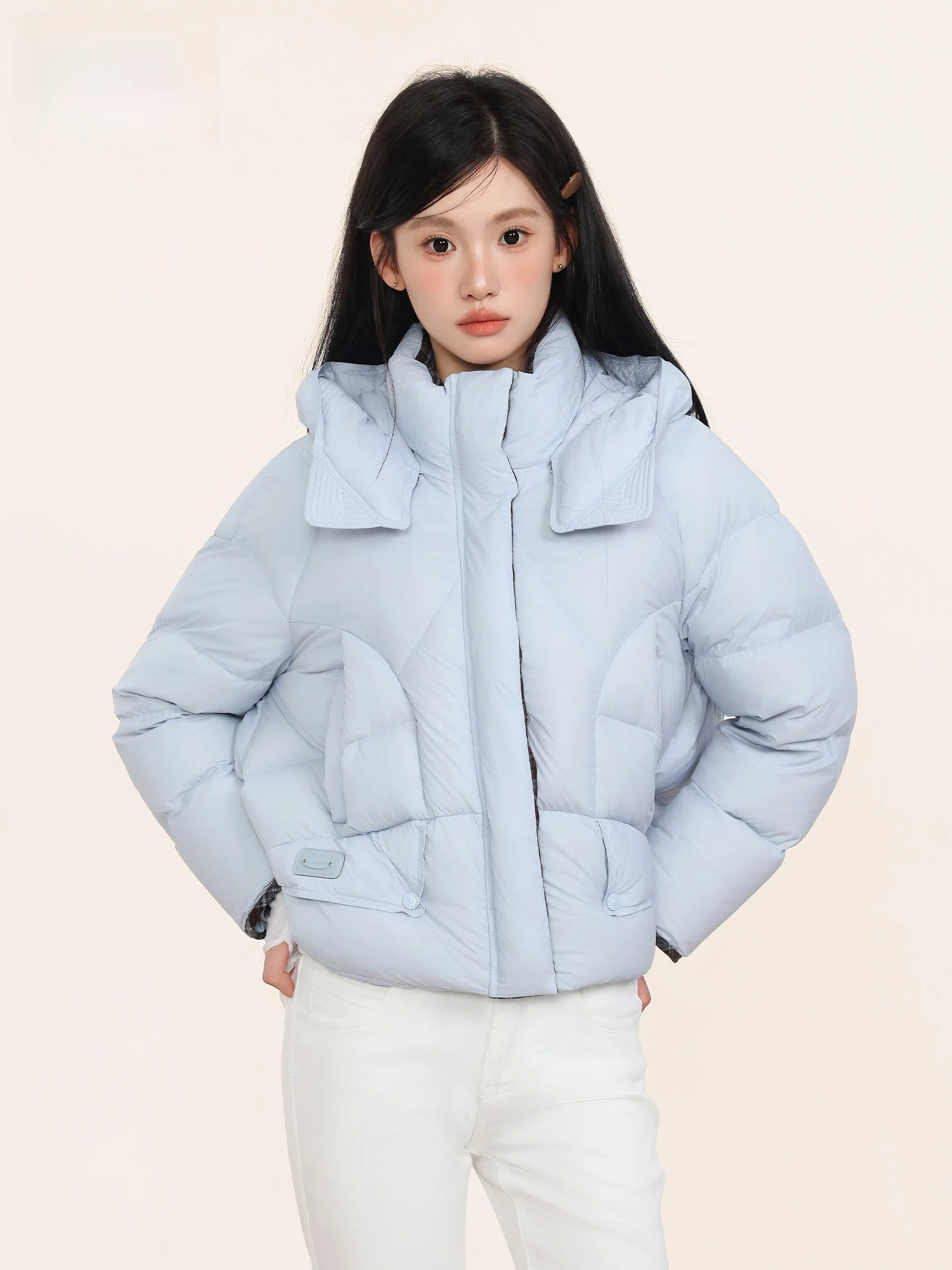 

Blue Short Puffer Jacket Women's 2026 Summer New Thick Warm Design Loose Bread Style Coat Korean Version Straight Cut Long Sl...