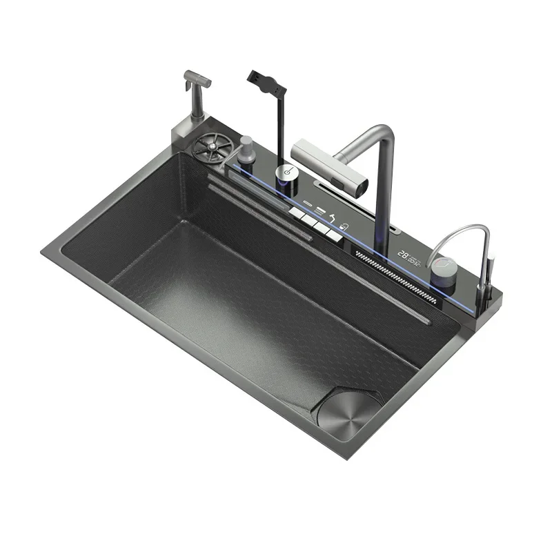 Kitchen 304 Stainless Steel Waterfall Sink, Large Single Slot, Digital Display Embossed Washing Basin Household Dishwashing Sink