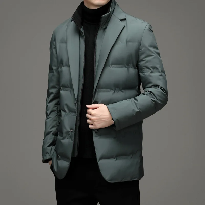 Chaqueta de plumón con cuello alto para hombre, blazer cálido falso de dos piezas para negocios y ocio, novedad de invierno, 2024