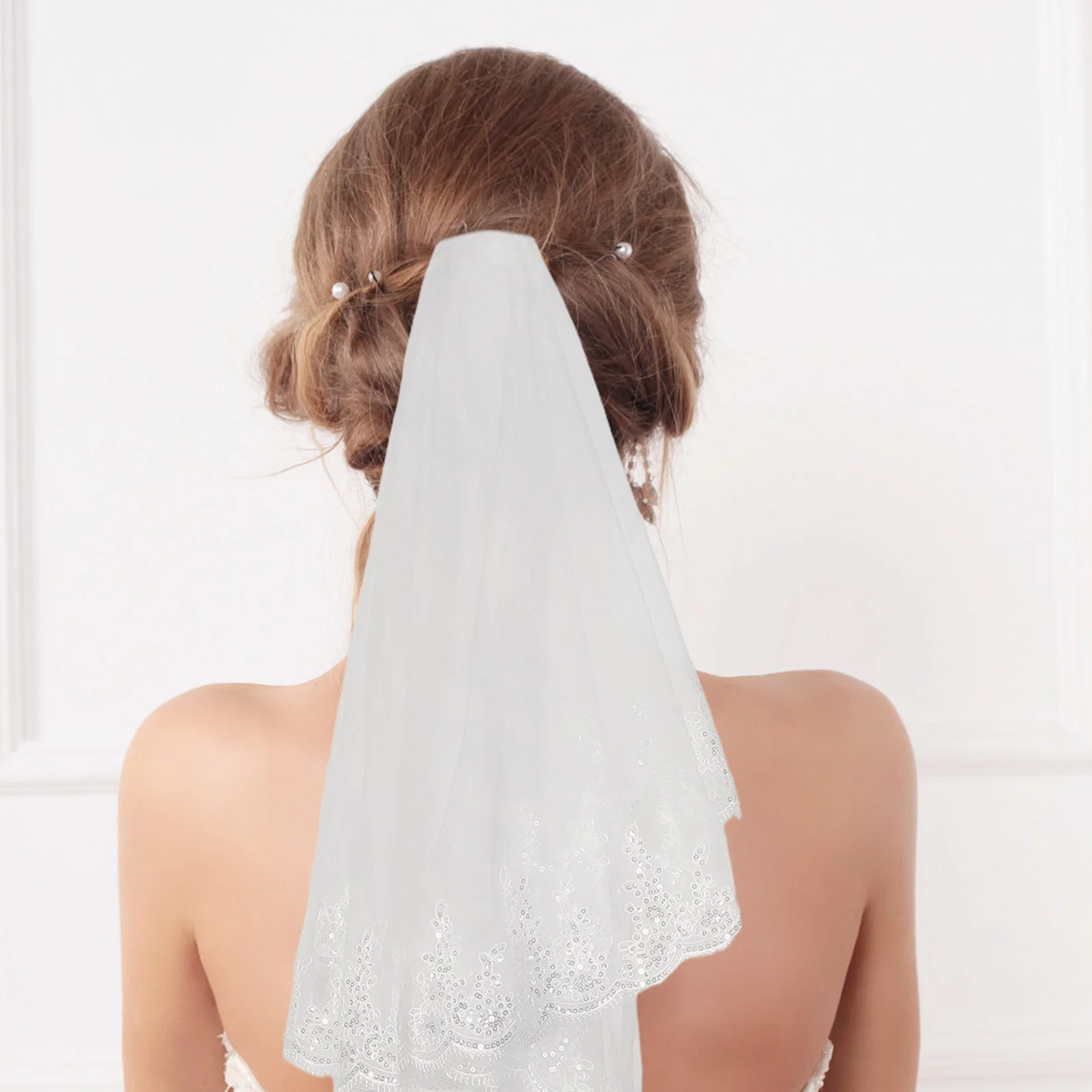 Bridal Veil 2 Layers Short Tulle Sequin Flower Edge Lace Headpiece Bachelorette Bridal Shower Accessory Bride Embroidered Veil