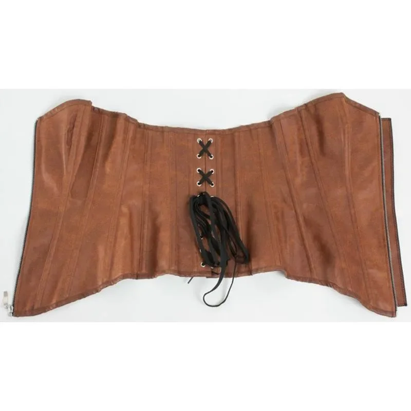 Sexy Zipper Gothic Sexy Brown Bone Steampunk Overbust Women Faux Leather Corsets And Bustiers