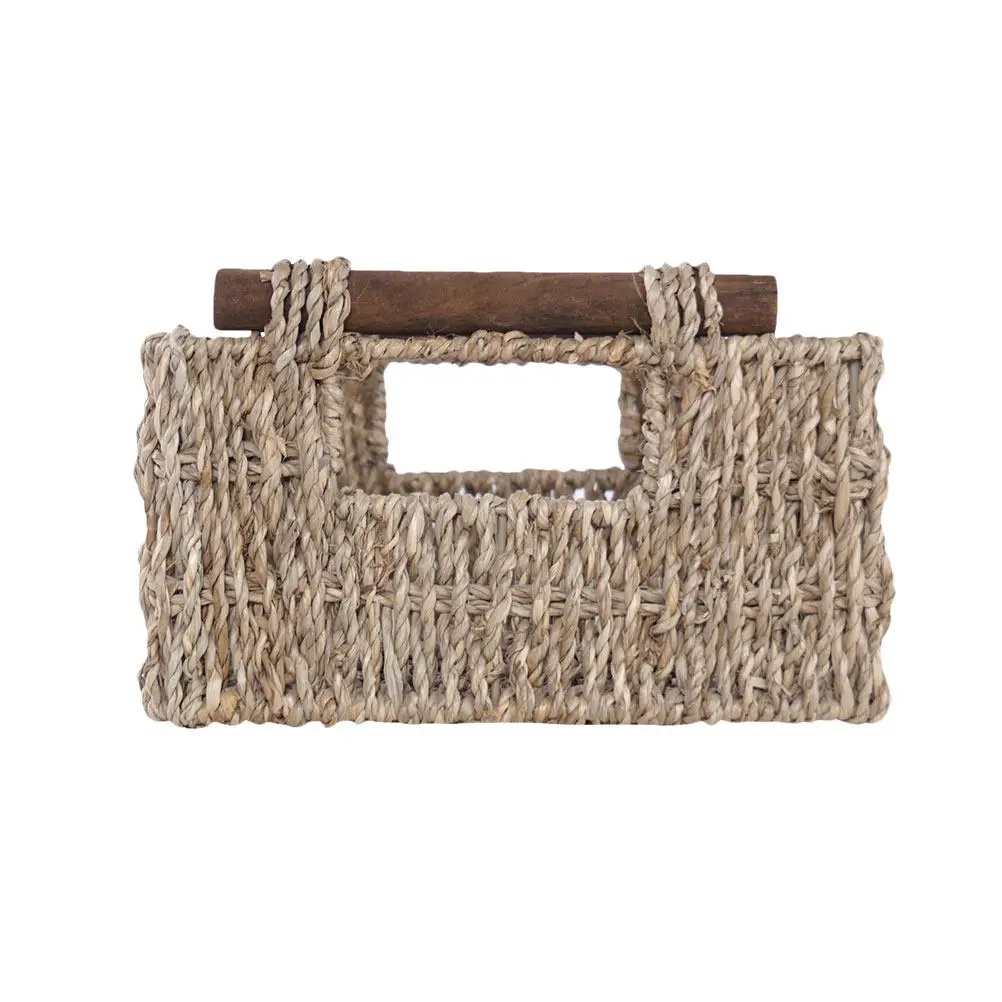 Flat Base Handwoven Rectangular Basket for Cosmetics Organizer Toiletries Storage Sundries Holder Desktop Vanity Decorative