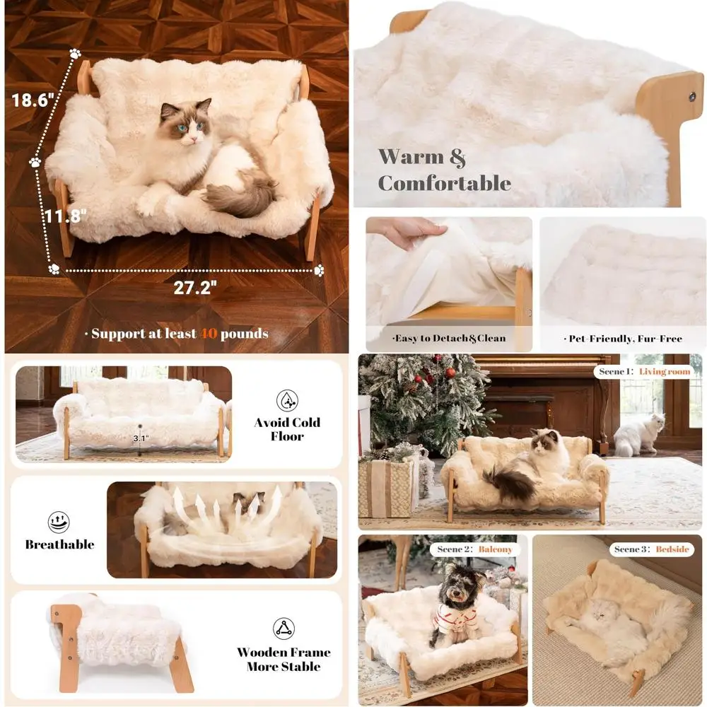 

Деревянный диван-лежанка для кошек с моющимся чехлом, идеально подходит для кошек и маленьких собак