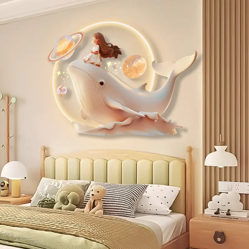 Cream Wind Children's Room Bedroom Bedhead Decoration Painting Led Light Princess Room Luminous Light Painting Whale Girl Mural