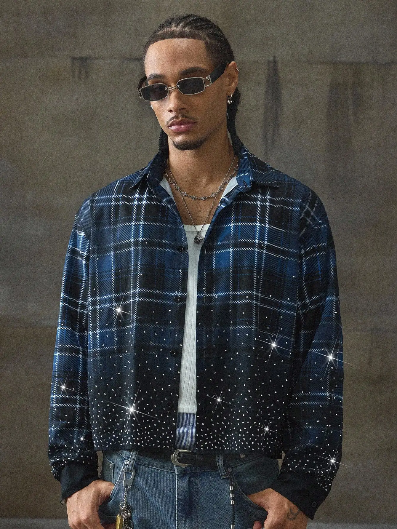 

Men's Loose Fit Gradient Plaid Woven Shirt with Rhinestone Detail, Casual Fall Wear