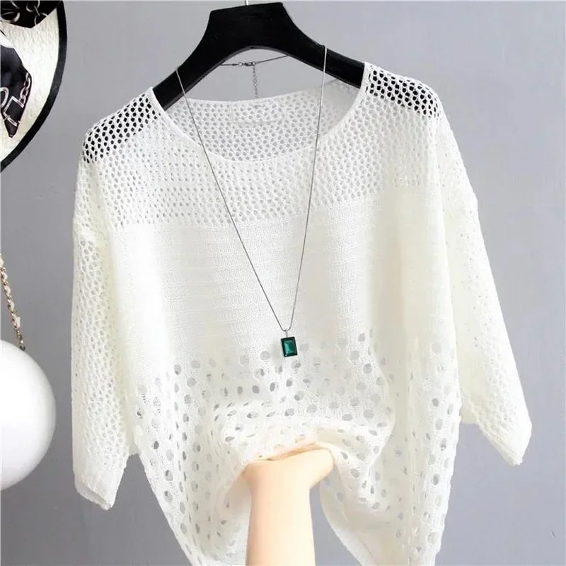 Korean Popular Clothes Short Sleeve Women T-Shirt Sexy Knitted Pullover Hollow Color Round Summers Summer Vacation Women Top