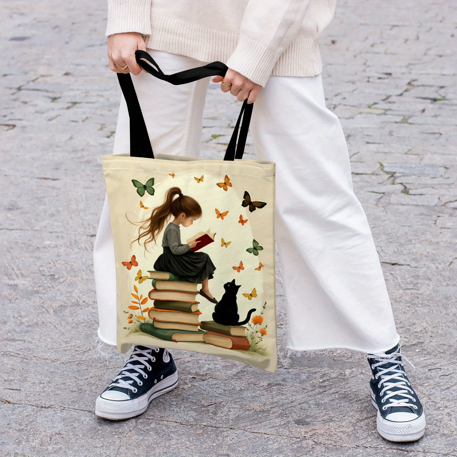Women's Large Book-Themed Tote Bag with Book & Butterfly Print - Soft Suitable for, Library, Book, Casual Handbag