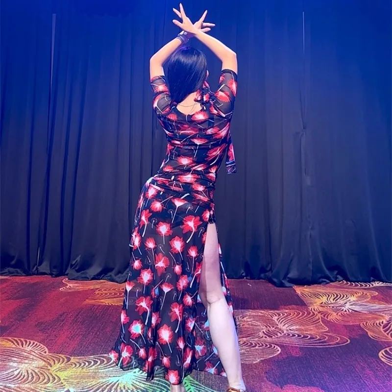 Customized Bellydance Costume Practice Robe 5Pcs Printed Dress Mid-Sleeve Dress Robe Headscarf Tube Top Waist Scarf Safety Pants