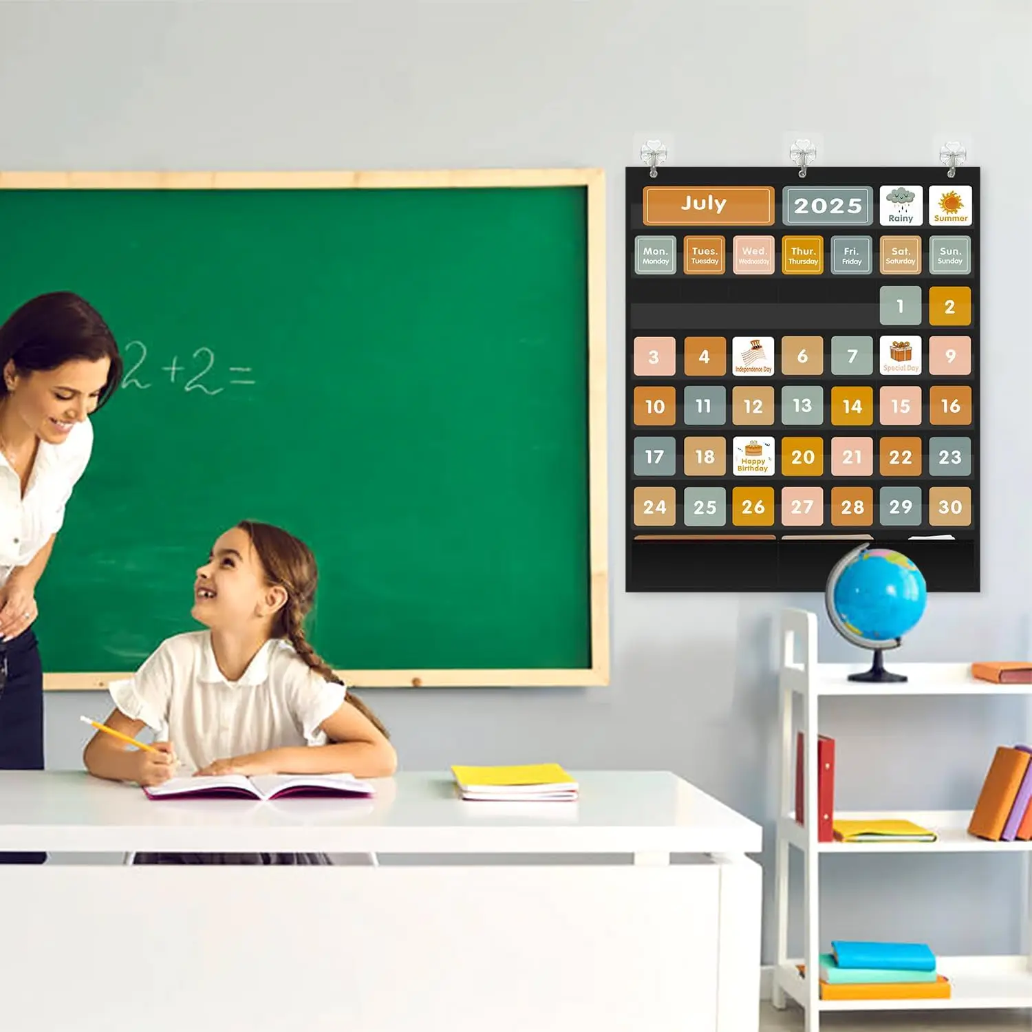 Kalender Boho besar, bagan saku untuk kelas dengan kartu kalender Bulanan dan cuaca grafik saku hitam untuk rumah Sekolah