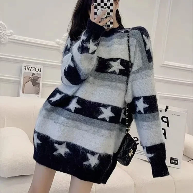 Contrast color star round neck sweater for women 2024 autumn and winter pullover sweater loose casual long-sleeved top