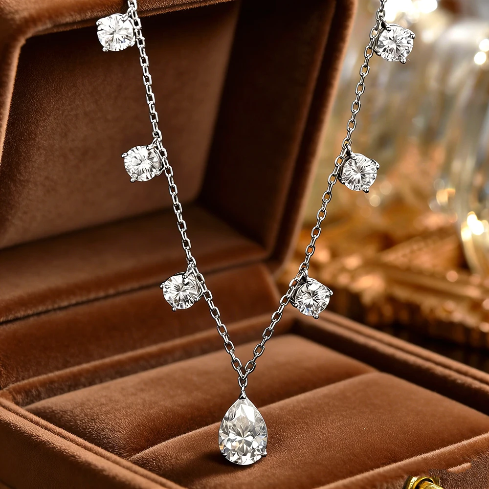 WaterDrop Moissanite Necklace 100% S925 Silver Pear Diamond Tassel Pendant NeckChain for Women Gifts Wedding Fine Jewelry