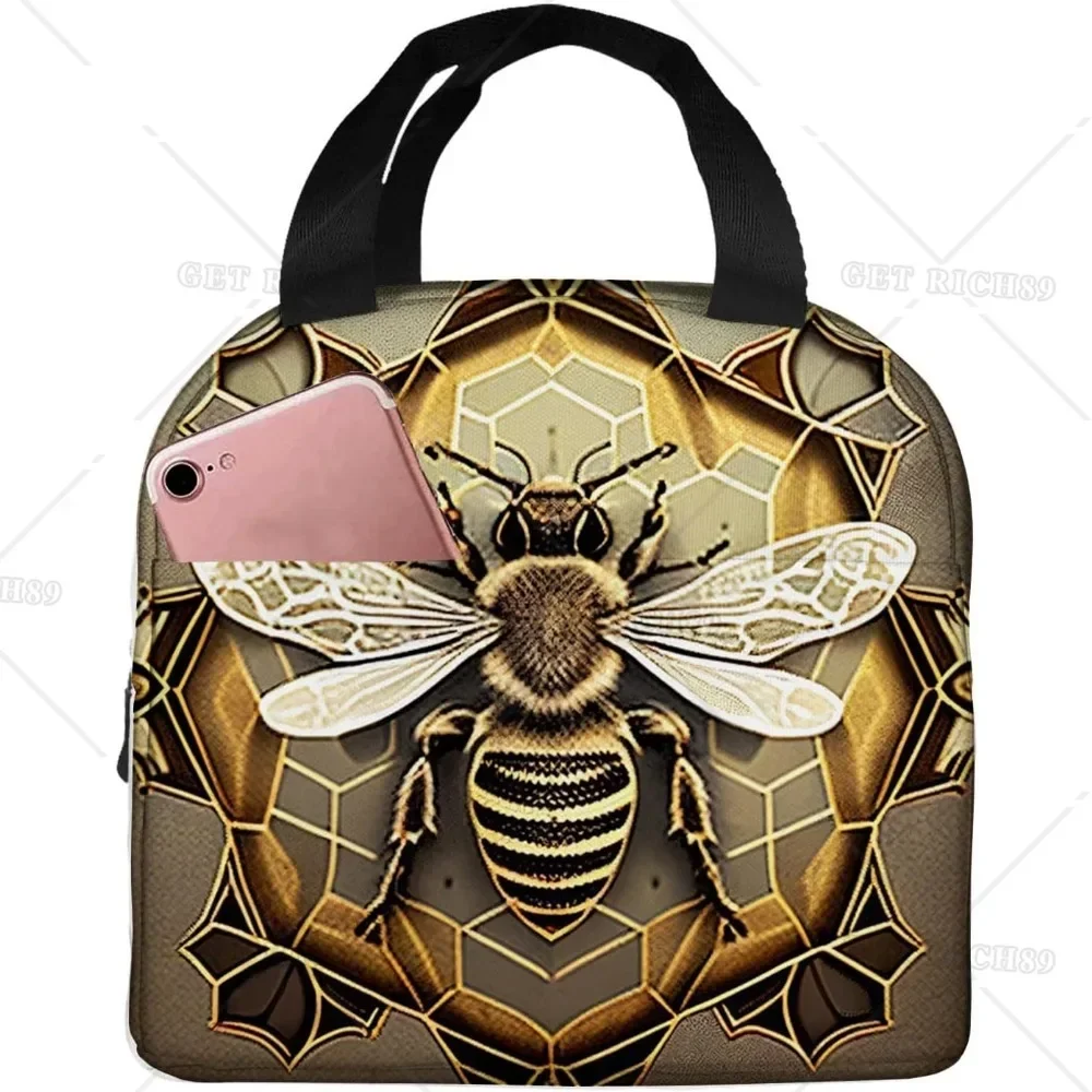 

Bee with Pollen on A Geometric Portable Lunch Bag for Women Men Insulated Reusable Lunch Box for Office Work Picnic Beach