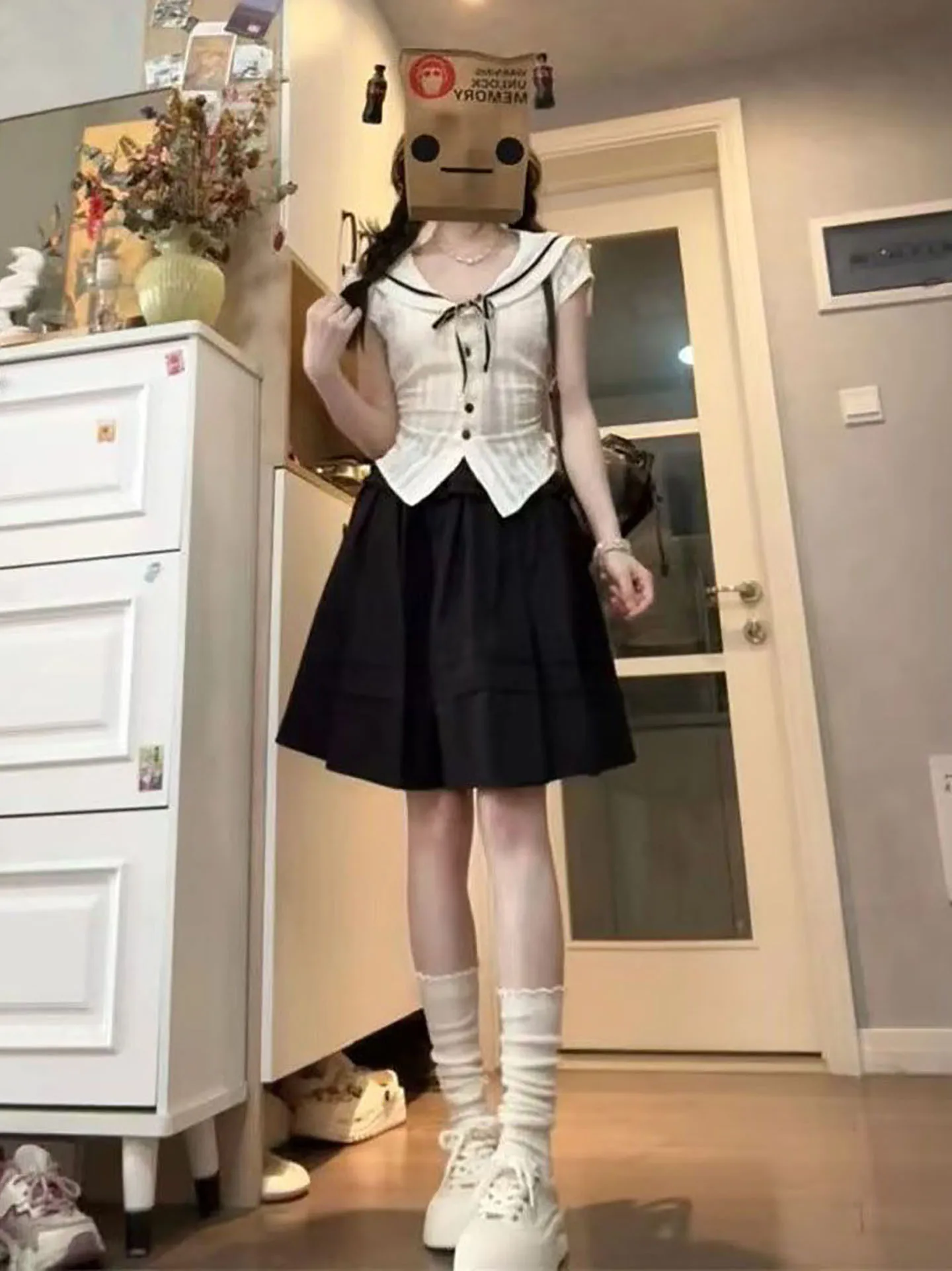 

Summer Gentle Aesthetic College Wind Shirt Navy Collar Short Sleeve Black Skirt Two-Piece Set Women's Fashion Casual Outfit