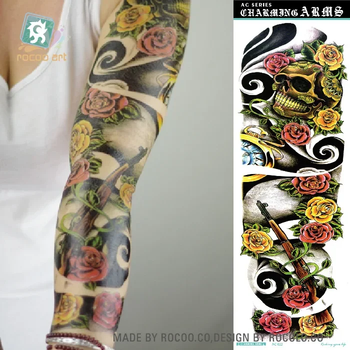 Rocooart-tatuaje de manga de brazo grande para hombres, Calaveras, Ángel, rosa, flor completa, arte corporal, tatuaje de niña, pegatina de tatuaje temporal impermeable