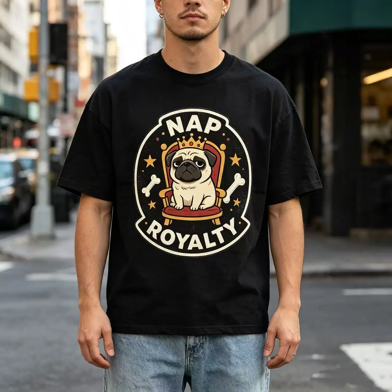 Unisex Nap Royalty Crown Pug Dog On Throne Bone Star Retro Badge Graphic T‑Shirt Men Women Cute Pet Animal Print Oversized Streetwear Tee