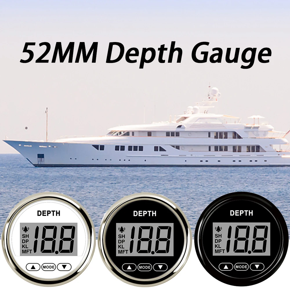 Vessel Universal 52mm Digital Depth Gauge Indicator with Transducer and White Backlight for Yachts Fishing Boats Steamboat