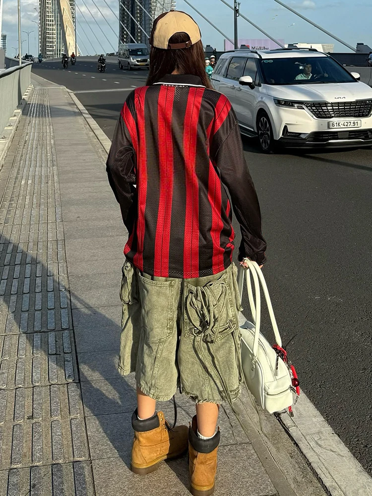 Sisterlinda T-shirt con stampa distintivo a righe sportive da donna Vedi attraverso maniche lunghe con scollo a V Patchwork Casuals Street Stretch Trend Tees