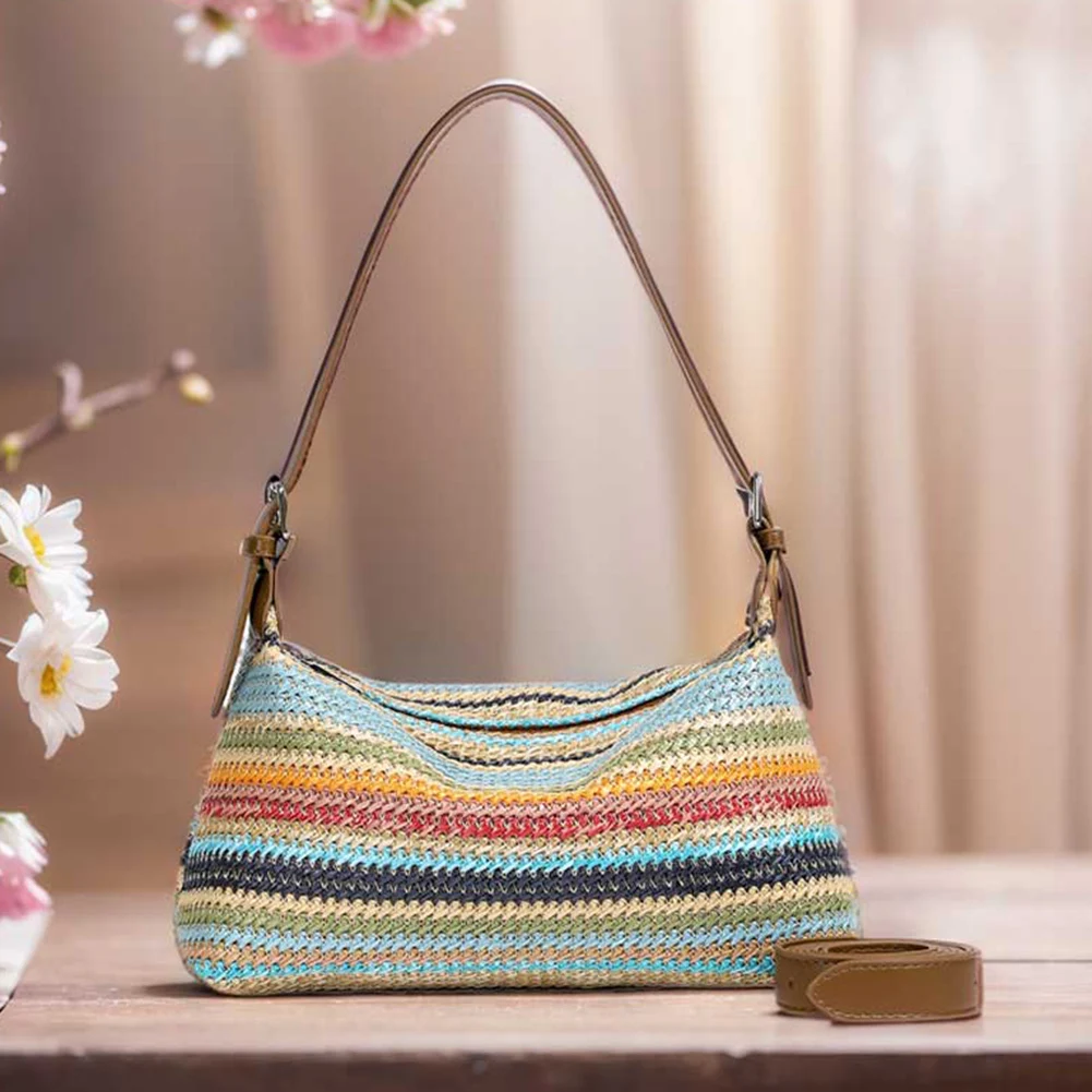 Vrouwen Strotas Gestreepte Crossbody Tas Verstelbare Riem Bohemian Onderarm Tas Mode Geweven Schoudertas Voor Buiten Reizen