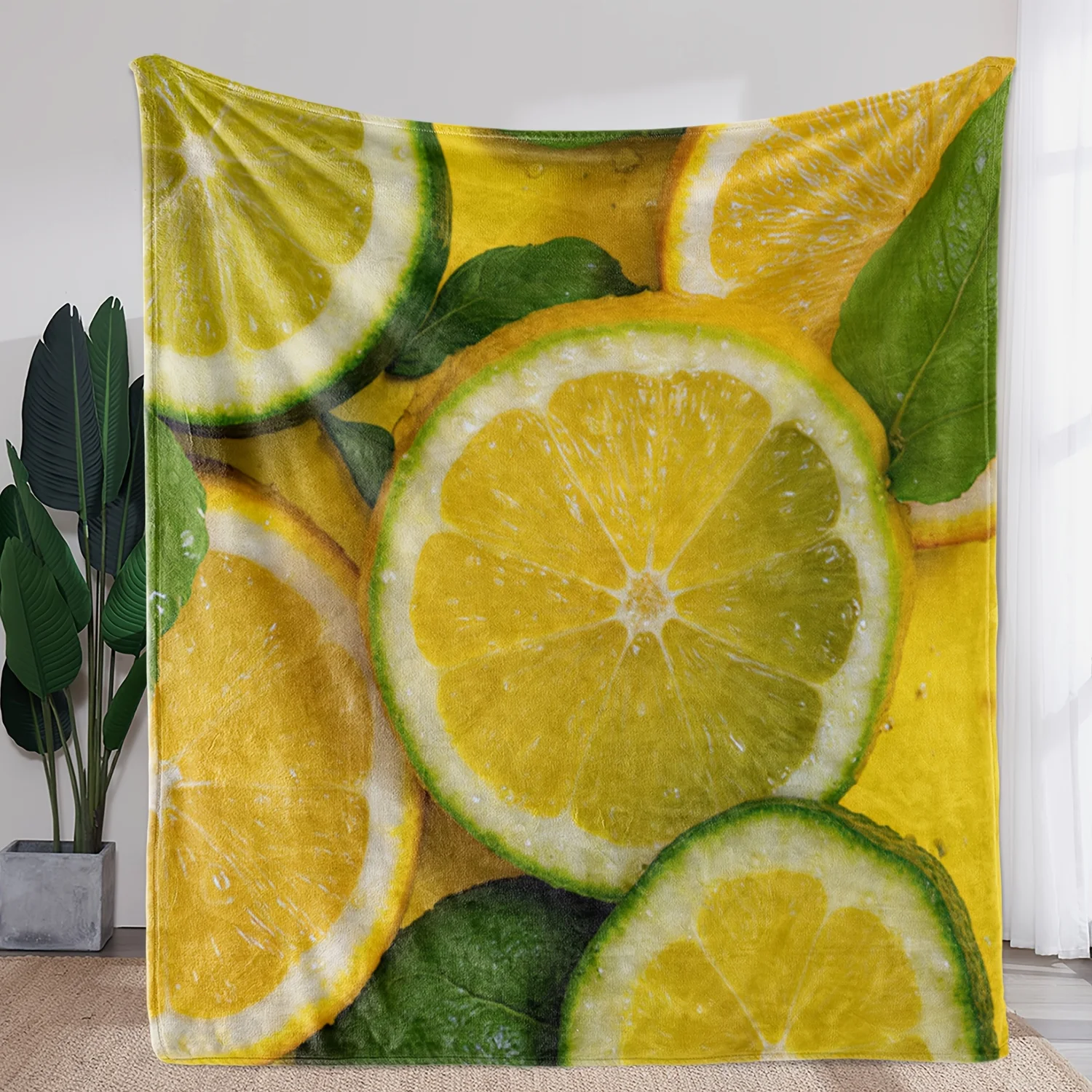 1pc Flannel Blanket with Fresh Lemon Mint Print, Warm Comfortable Soft Blanket for Sofa Bed Couch Car Office Camping Travel