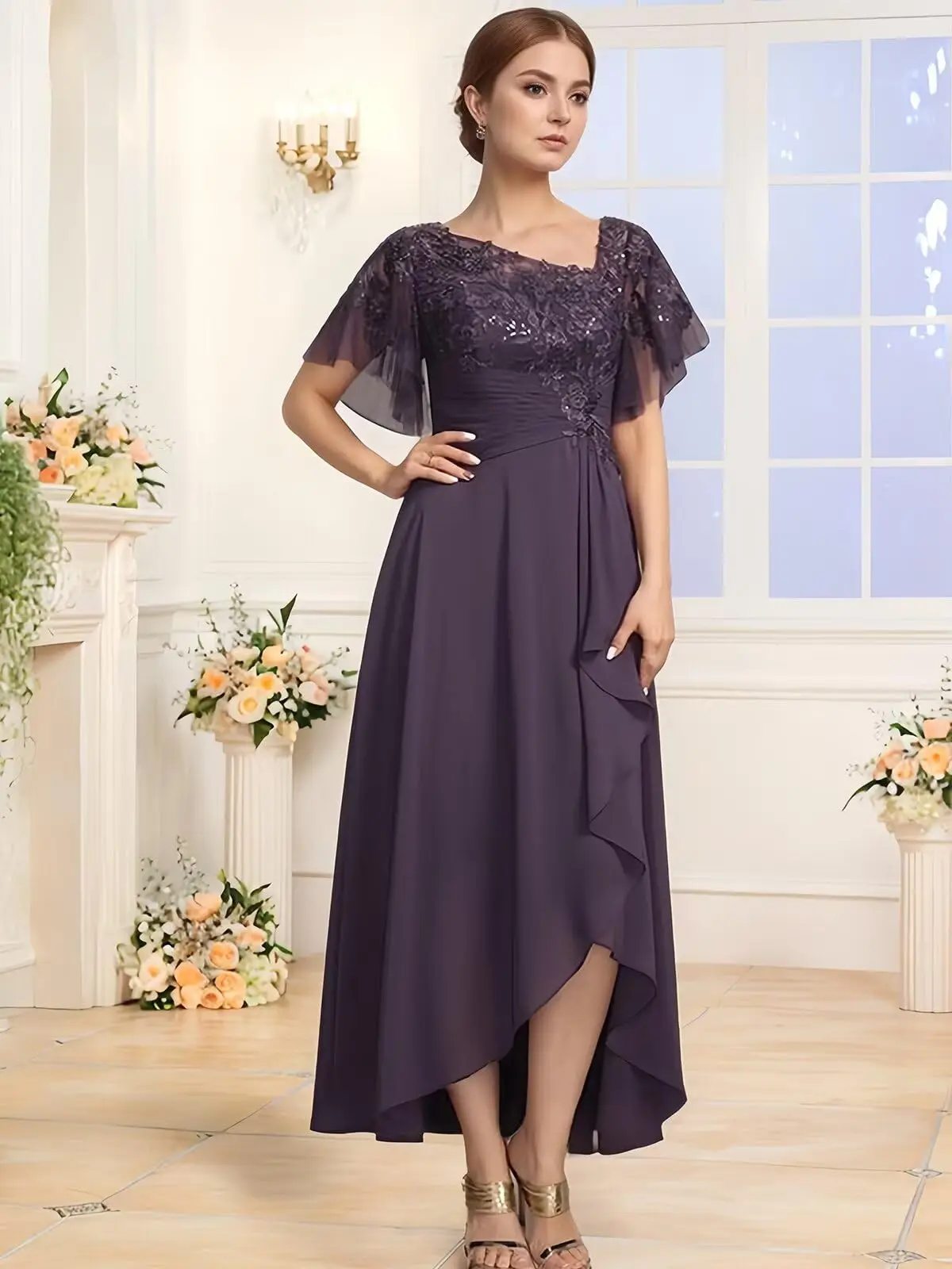 

Chiffon Lace Mother of The Bride Dresses for Women Tea Length Formal Wedding Guest Dress with Sleeve