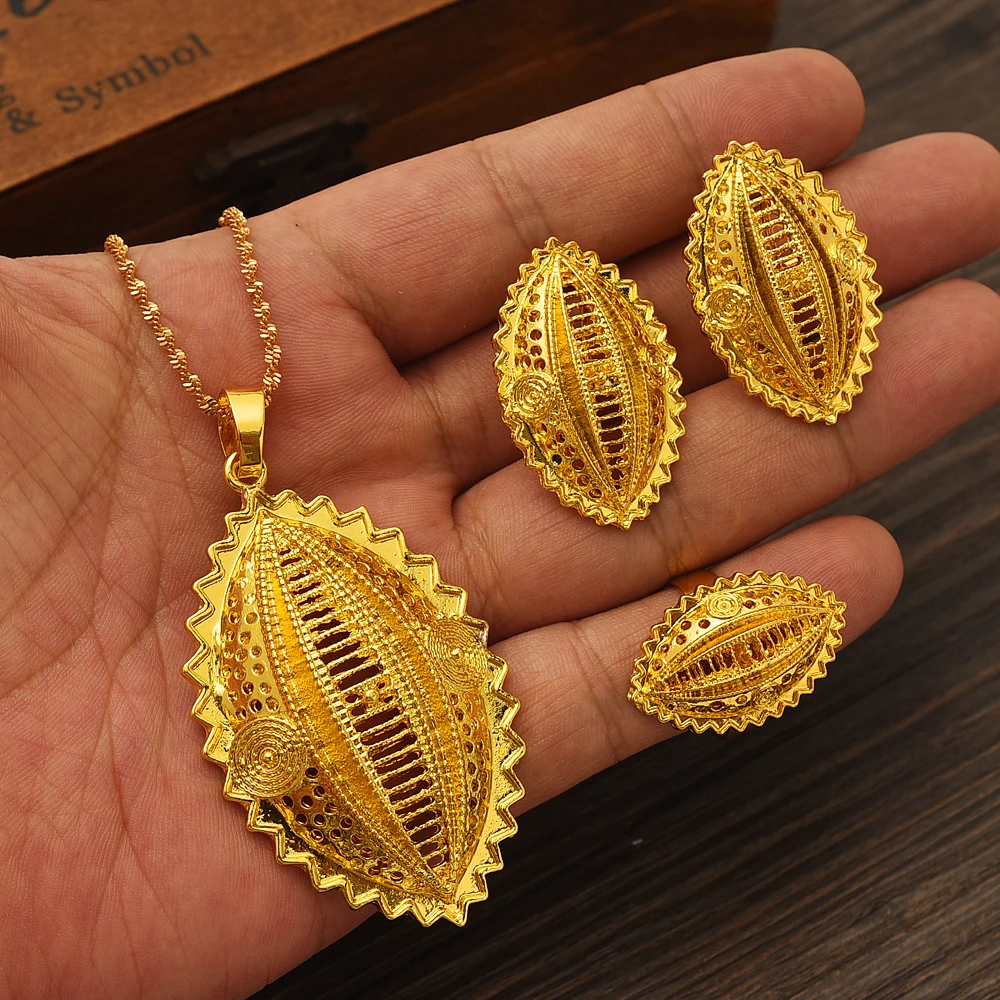 Ethiopian Gold Plated Bridal Jewelry Sets Necklace Earrings Ring Gifts Wedding Jewellery Set For Women
