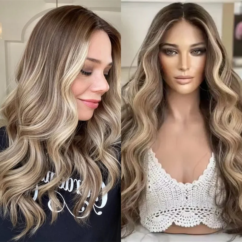 Middle Part Ombre Brown Blonde Synthetic HD Lace Front Wig Mixed Highlighted Blond Wigs for Women Glueless Free Style Party Wig