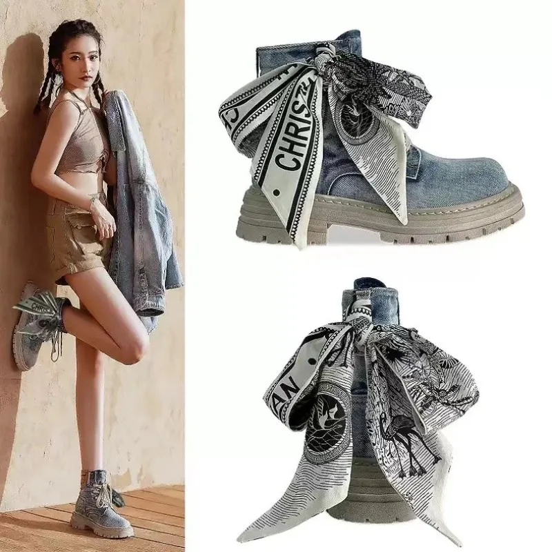 Women\'s Single Shoes Summer New Thick Soled Denim Bow Lace-up Ankle Boots Fashion Temperament Increase Non-slip Canvas Shoes