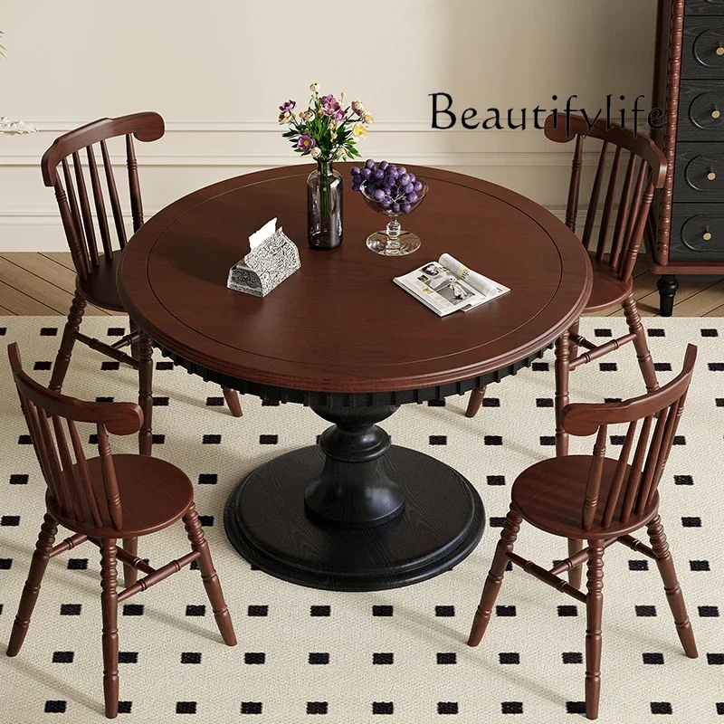 X American Light Luxury Solid Wood Dining Table And Chairs Villa Living Room Antique Carving Combination French Retro Round