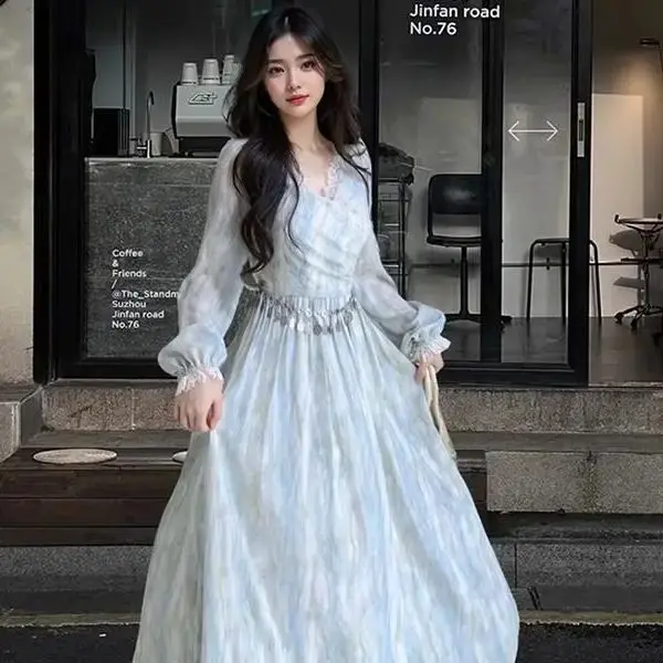 

Korea Super Fairy Blue Tie-Dye Lace Spliced ​​Long-Sleeved Dress Female Temperament Celebrity Design Slim Skirt