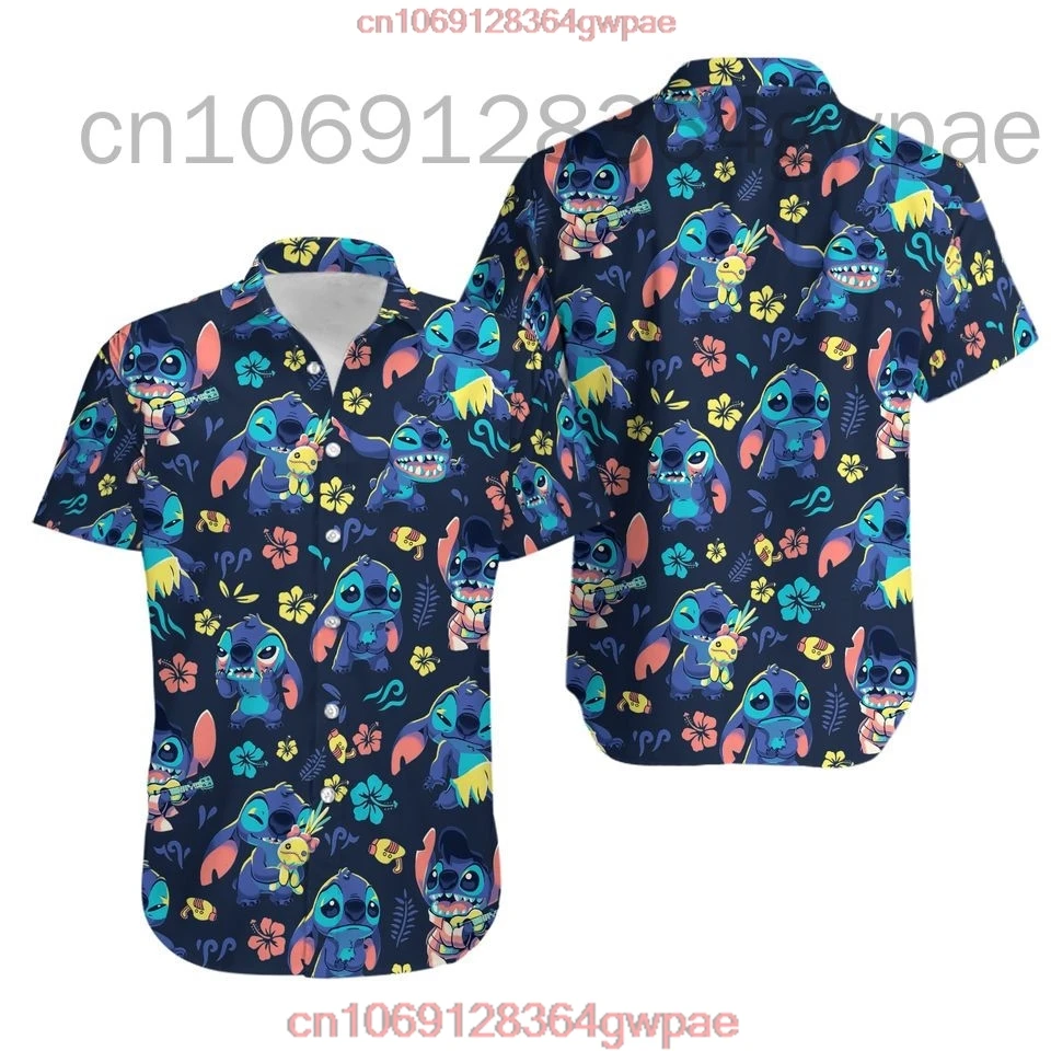 Masculino e feminino disney stitch camisas havaianas, manga curta, casual para praia, moda festa, moda verão