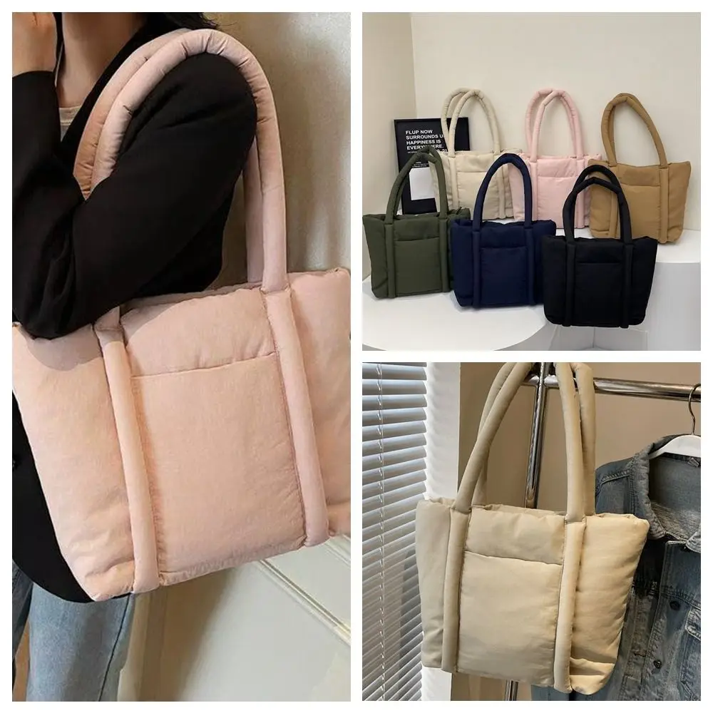 

Korean Style Down Cotton Shoulder Bag Solid Color Lightweight Cotton-padded Tote Bag Large Capacity Space Cotton Nylon Handbag