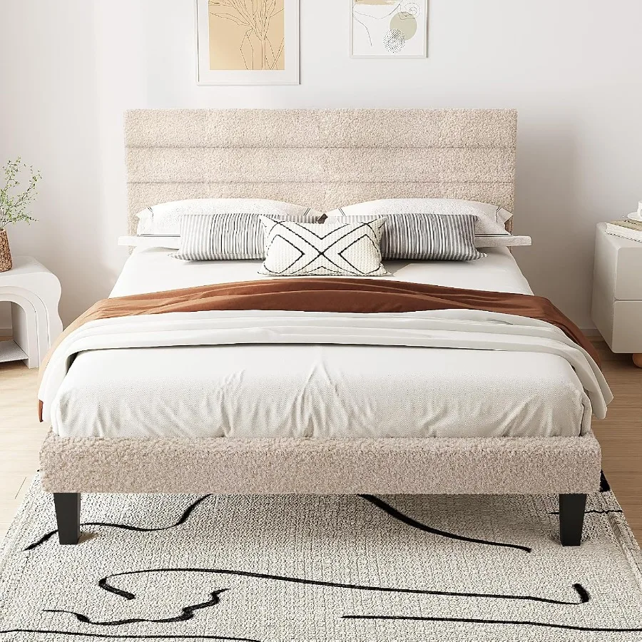 Upholstered Bed Frame with Adjustable Headboard for Bedroom Use, Fabric in Gray, Soft Tufted Design and Easy Height Adjustment