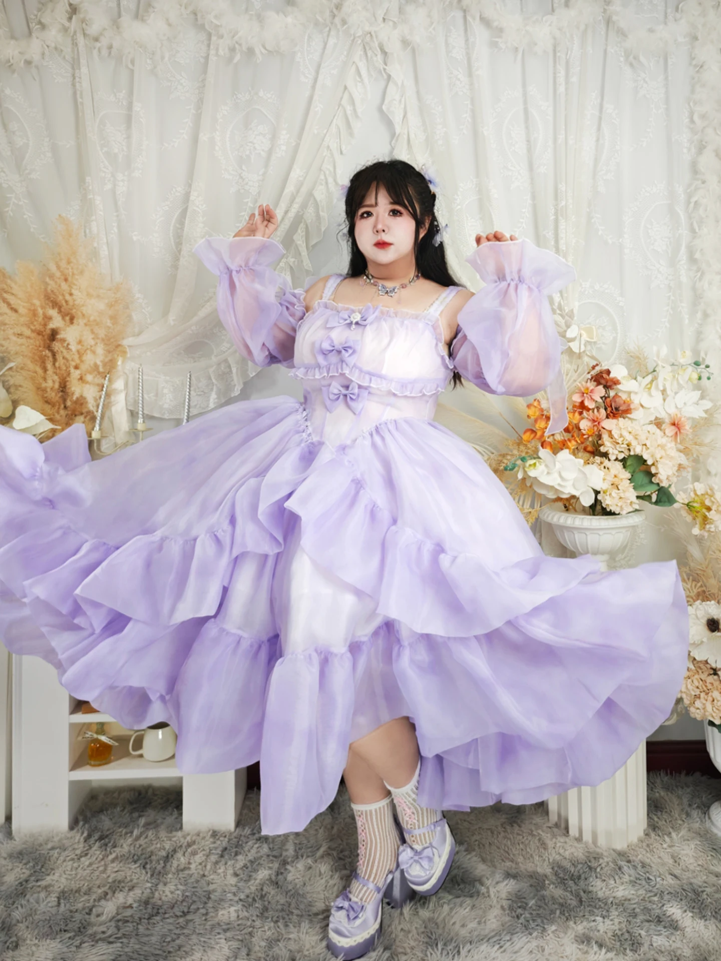

Оригинальный большой размер Lolita Princ Tail Dr Purple Galaxy Falling in the Long Skirt Puffy Sves Полиэстер с высокой талией F...